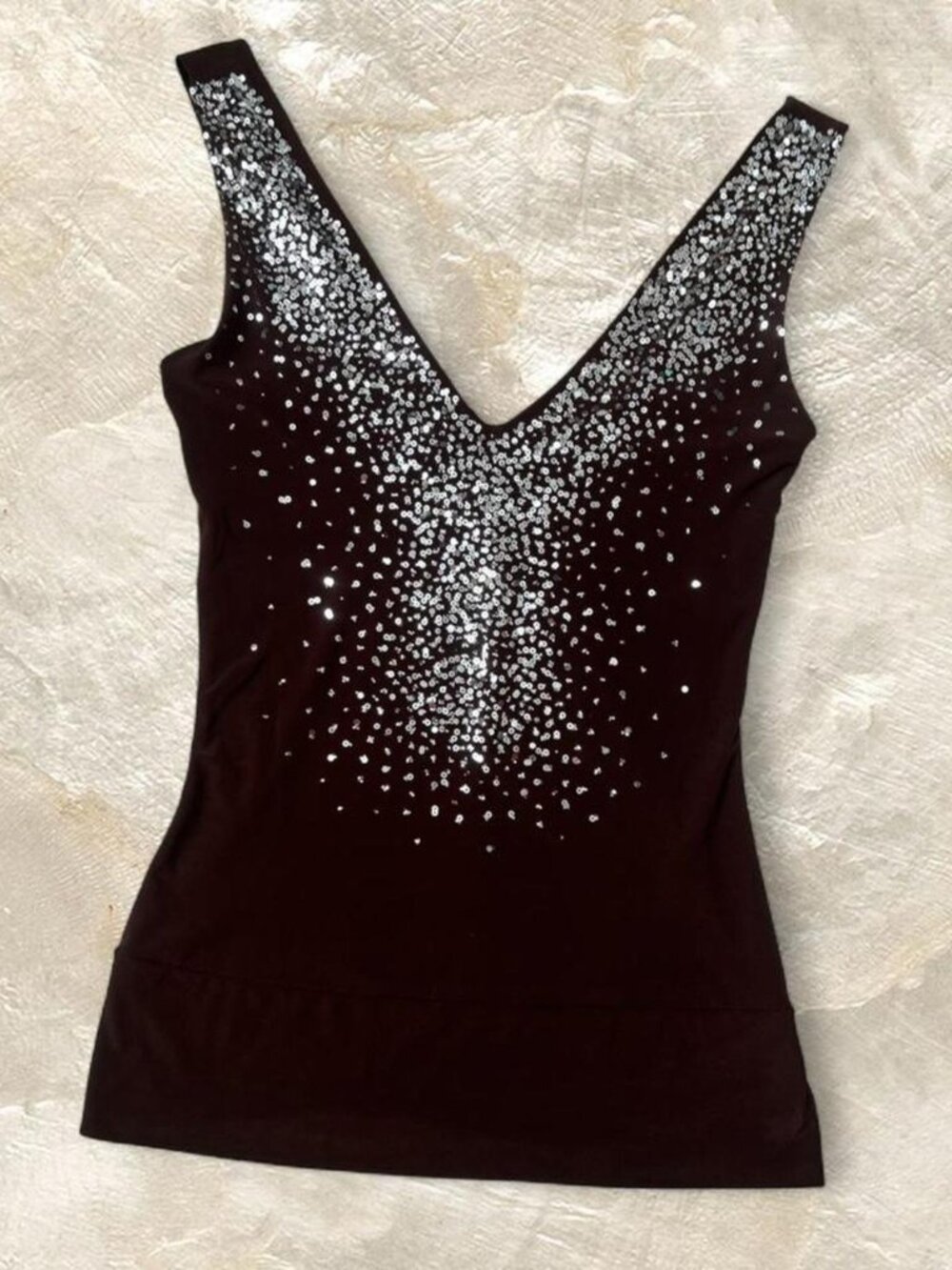 Goddess Chocolate Brown Sequin Deep V Bedazzled Plunge Top by LVL X ⭐️ Ibiza